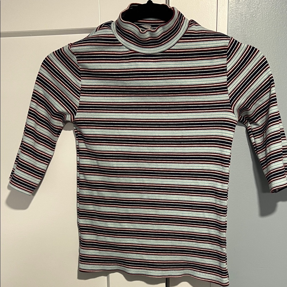 Zara Striped Ribbed Turtleneck in Light Blue, Navy & Burgundy